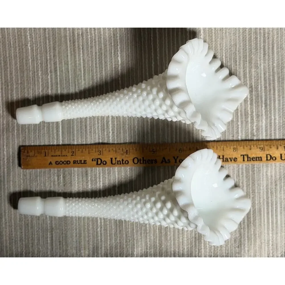 Vtg Fenton Milk Glass Hobnail 3 Horn Epergne Centerpiece Ruffled Trumpet Vase